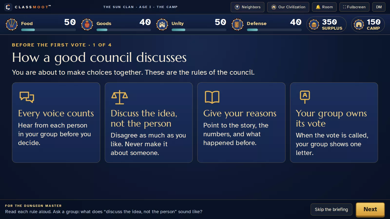The Council Briefing: a screen from the simulation